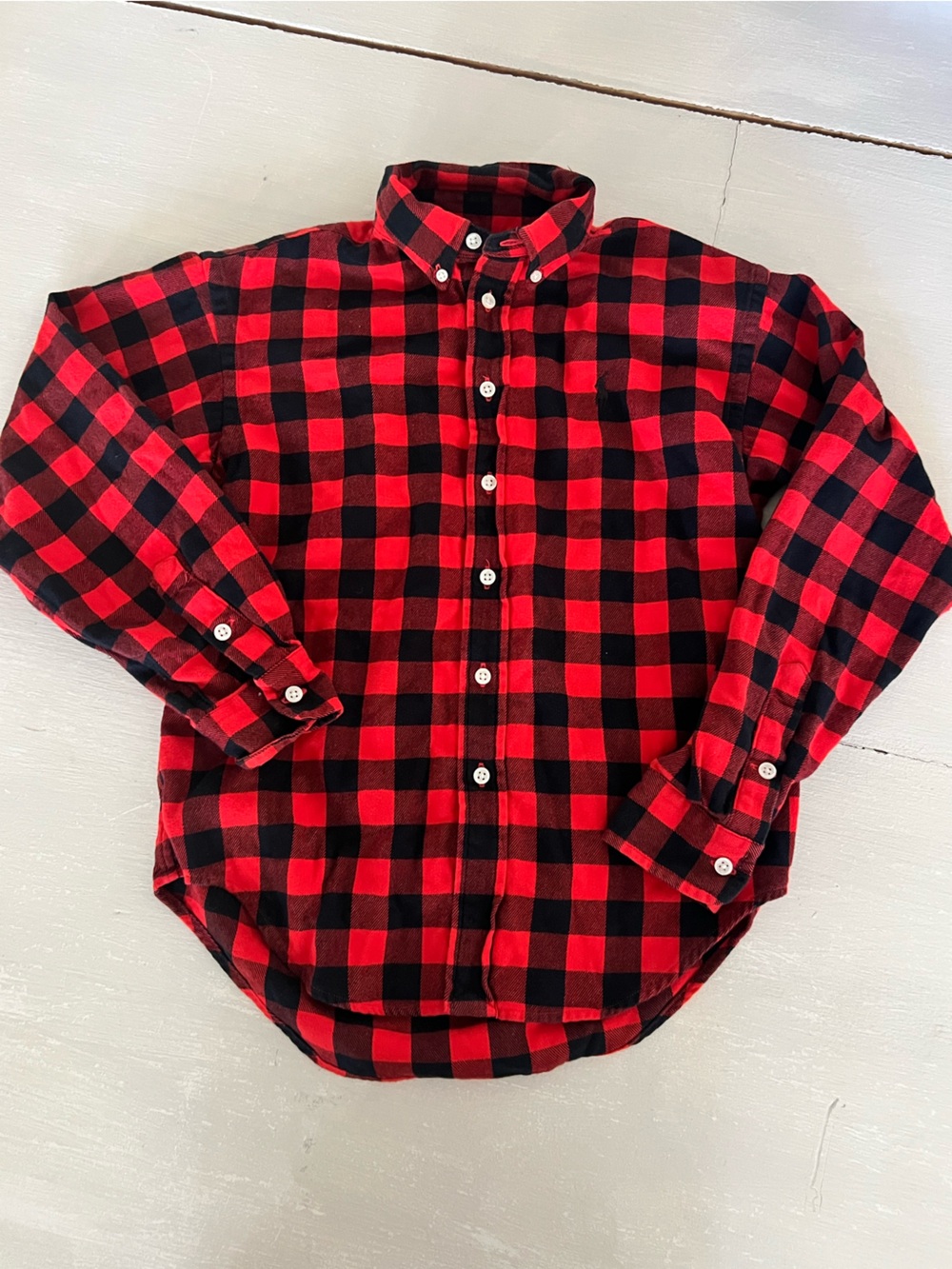 Polo Ralph Lauren Boys Christmas Shirt Sz 12 Red Black Buffalo Plaid 100% Cotton